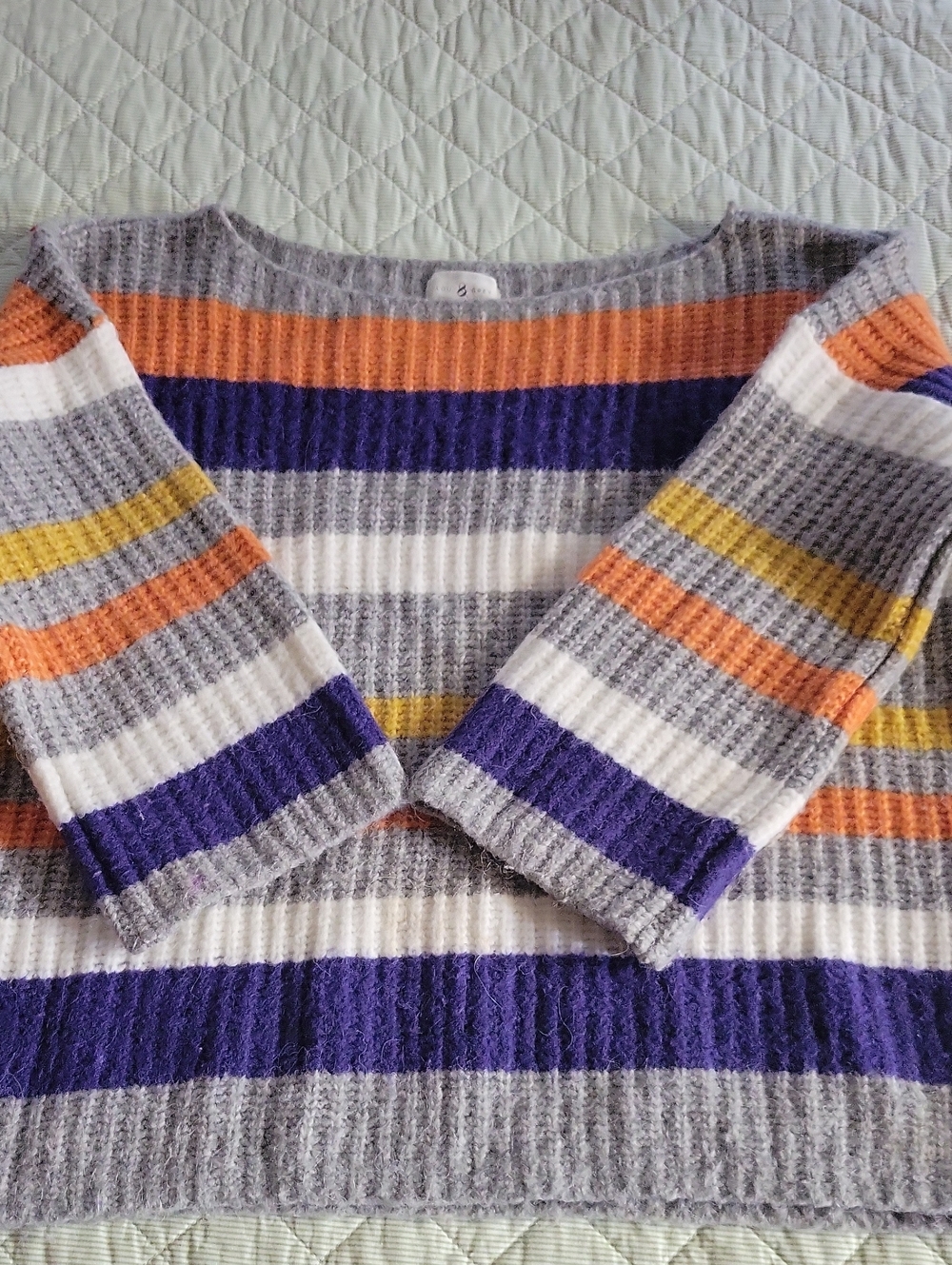 Lou & Grey Ribbed Boatneck Sweater in Gray, Purple, Orange, Yellow, and White